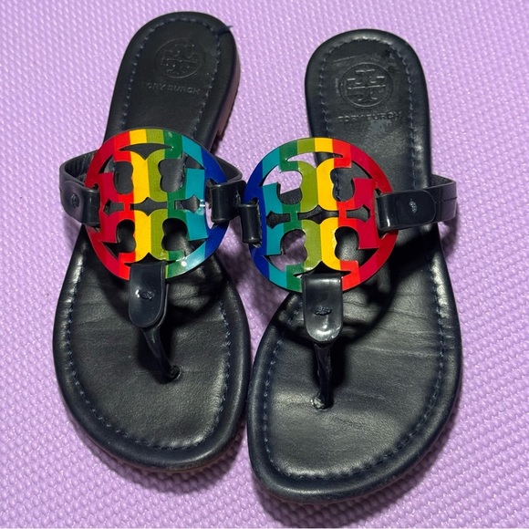 TORY BURCH MILLER PRINTED LEATHER/PATENT LEATHER SANDAL - Picture 1 of 4